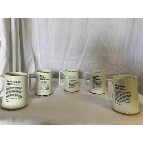 Norman Rockwell Museum Collectables Coffee Mugs Cups Gold Trim Set Of 5 - Picture 2 of 12